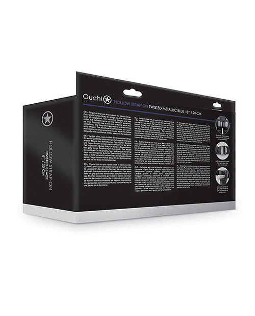 Shots Ouch 8" geribbelde holle strap-on met ballen - metallic blauw