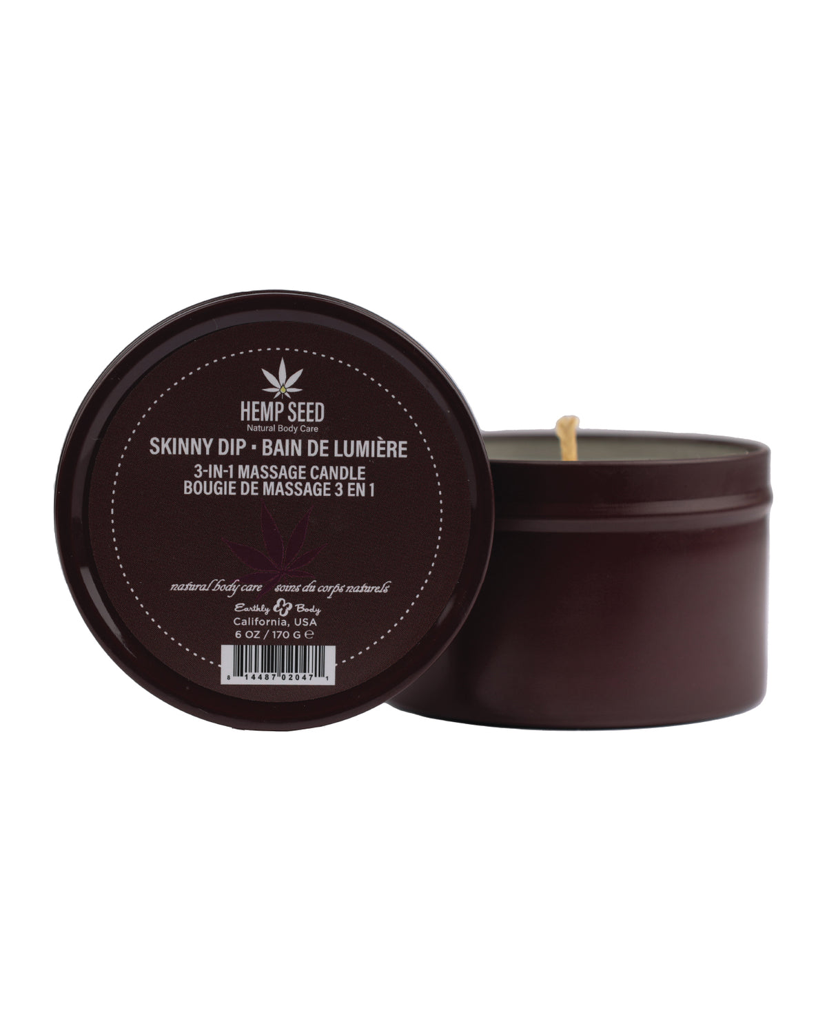 Earthly Body Suntouched Hemp Candle 6 Oz Round Tin Skinny Dip Massage Oil