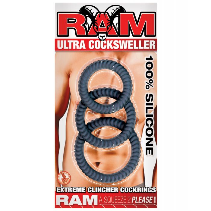 Ram Ultra Cocksweller Silicone Cockring Set Three Rings Black