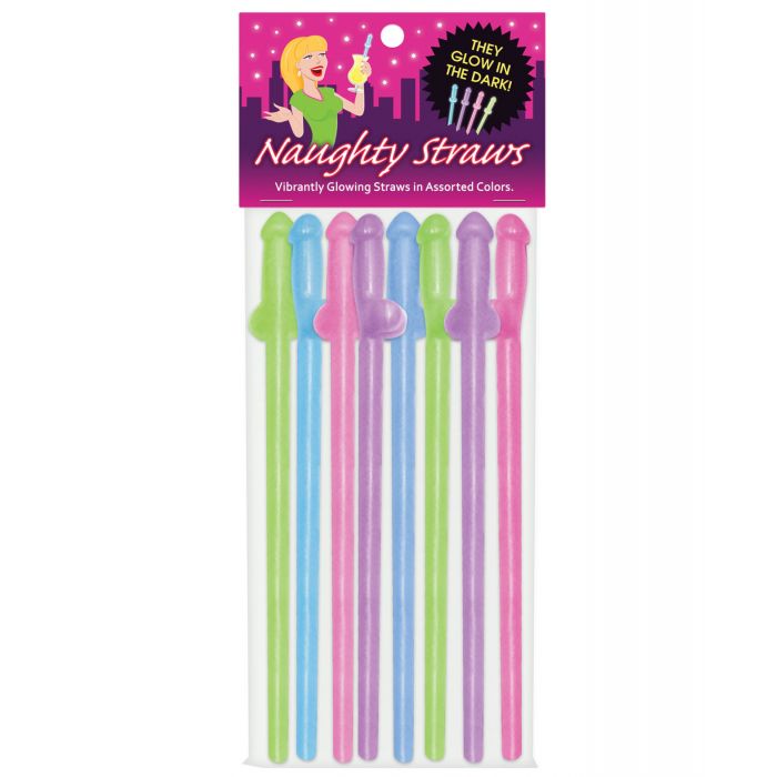 Glow In The Dark Penis Straws Assorted Colors Pack Of 8