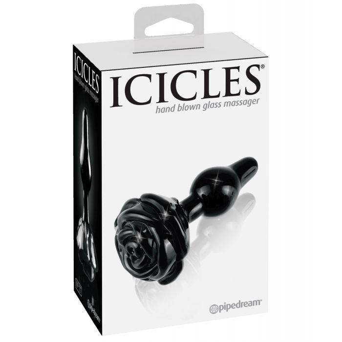 Icicles No. 77 Hand Blown Glass Rose Butt Plug - Black