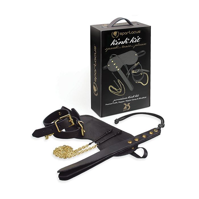 Spartacus Kink Kit Leather Cuffs Blindfold Latigo Leather Slapper And Clamps