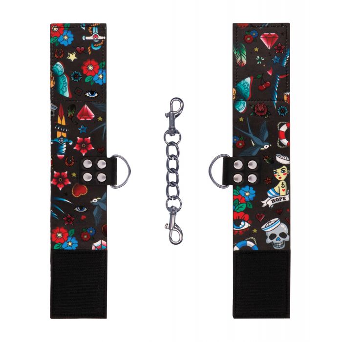 Shots Ouch Old School Tattoo Style Printed Hand Cuffs- Black