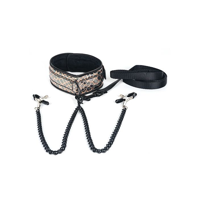 Spartacus Faux Leather Collar & Leash w/Black Nipple Clamps - Gold