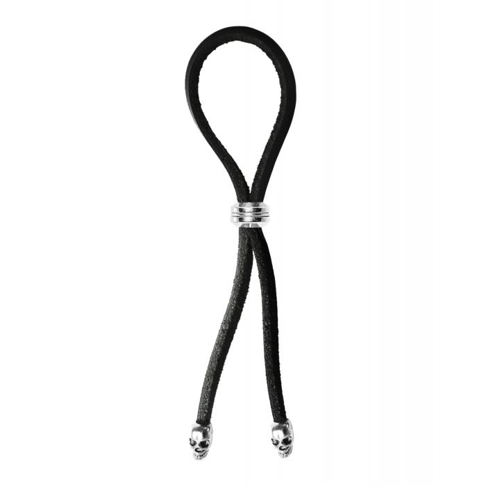 Anillo para el pene Bolo de cuero con deslizador de cuentas y puntas de calavera - Negro/Plata