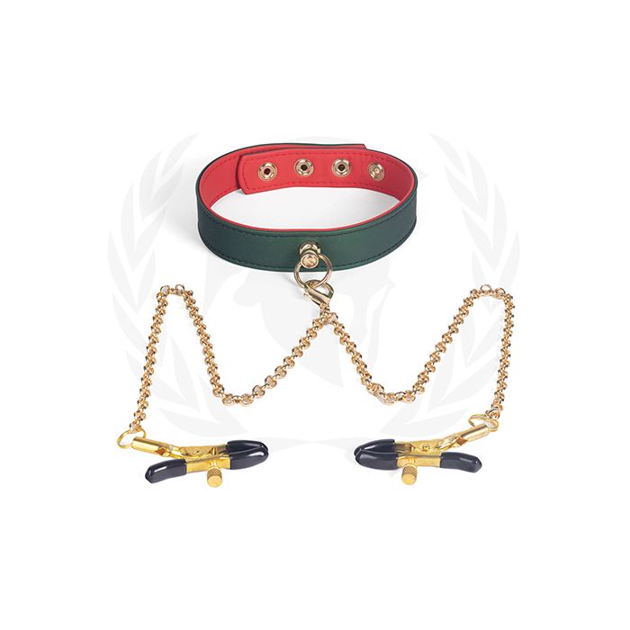 Spartacus PU Collar w/Nipple Clamps - Green