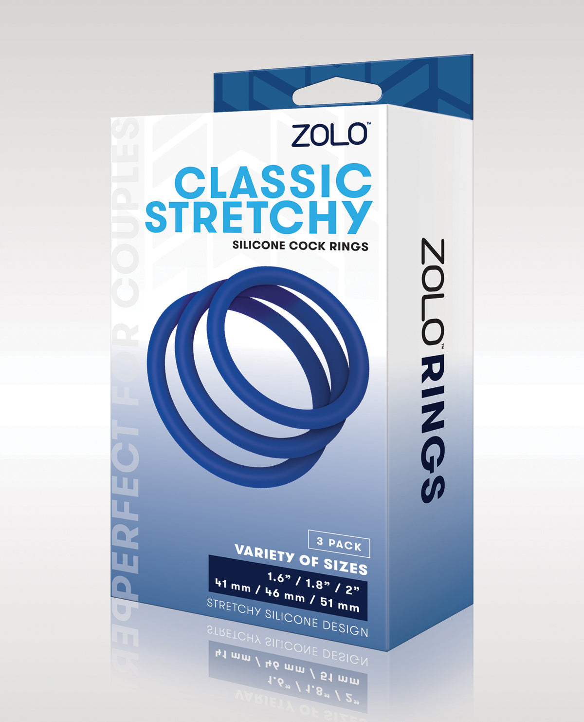 Zolo Stretchy Silicone Cock Rings Set Blue Three Sizes 1.6 1.8 2 Inch ID