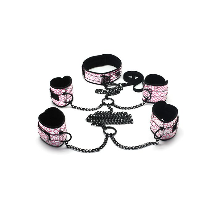 Spartacus Faux Leather Collar to Wrist & Ankle Restraints Bondage Kit w/Leash - Pink