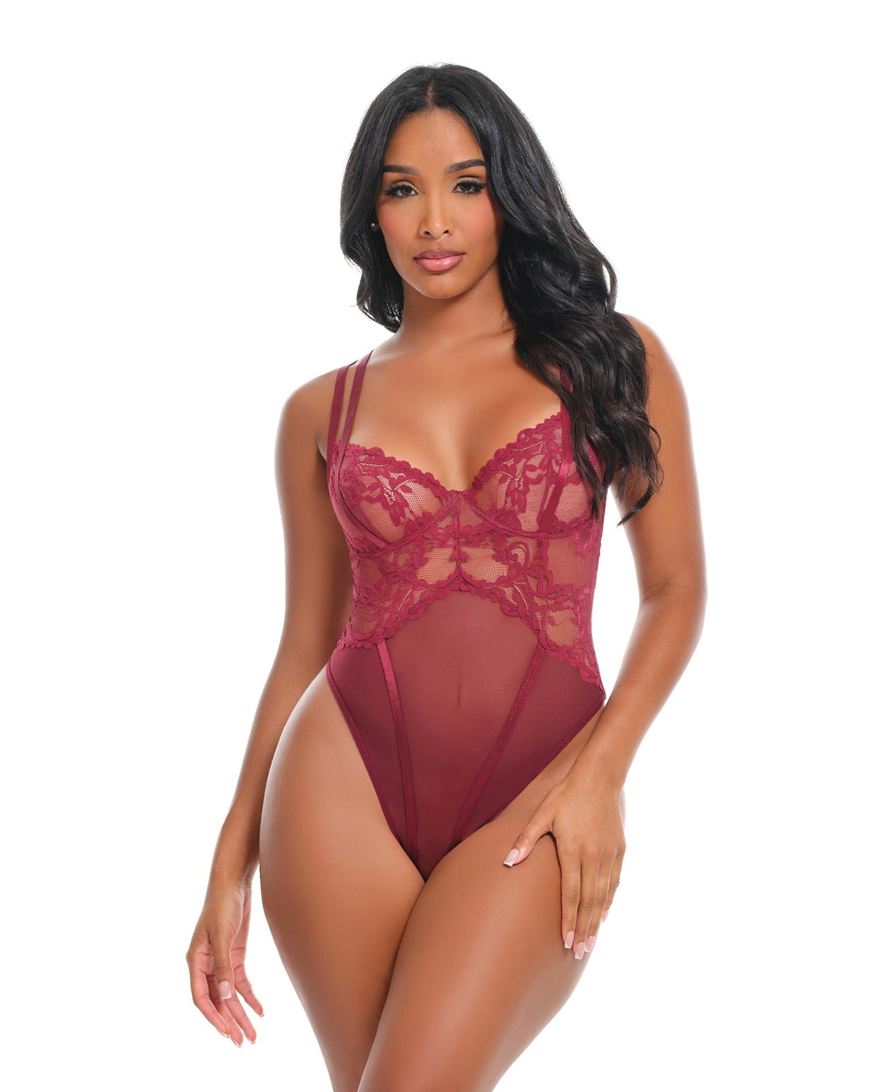 Teddy de encaje y malla sin forro con aro Marisol para mujer, ropa de dormir, color Zinfandel, S/M