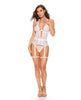 Load image into Gallery viewer, Jeweled Halter Lace and Mesh Bustier Set with Leg Garters and G String White Sm
