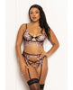 Încărcați imaginea în vizualizatorul Galerie, Floral Lace and Mesh Long Line Underwire Bra w/Garter &amp; G-String - Black/Pink SM
