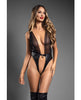 Afbeelding laden in Galerijviewer, Domina Plunge Front Sheer Mesh &amp; Vegan Leather Teddy w/Lock &amp; Key - Black M/L
