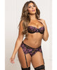 Încărcați imaginea în vizualizatorul Galerie, Floral Lace and Mesh Underwire Bra w/Garter &amp; Thong 3 pc Set - Black/Purple MD

