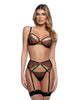 Lataa kuva gallerian katseluohjelmaan, Cherry Delight Embroidered Lace and Mesh Underwire Bra w/Garter &amp; G-String 3 pc Set - Black MD

