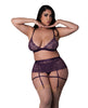 Load image into Gallery viewer, Leather &amp; Lace Stretch Mesh and Lace Bralette w/Garter &amp; Thong 3 pc Set - Plum 2X
