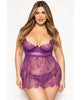 Load image into Gallery viewer, Floral Eyelash Lace Underwire Babydoll And Thong Set Purple 1X 2X
