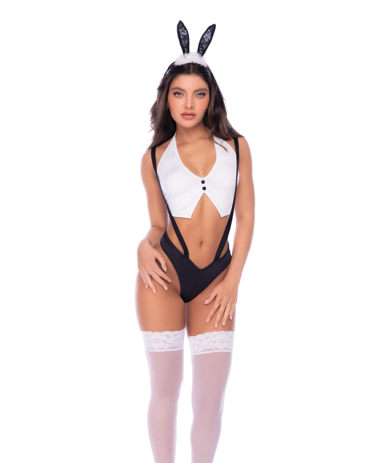Set de lenjerie Sexy Bunny: top scurt cu ștreang, portjartier, chilot și bentiță