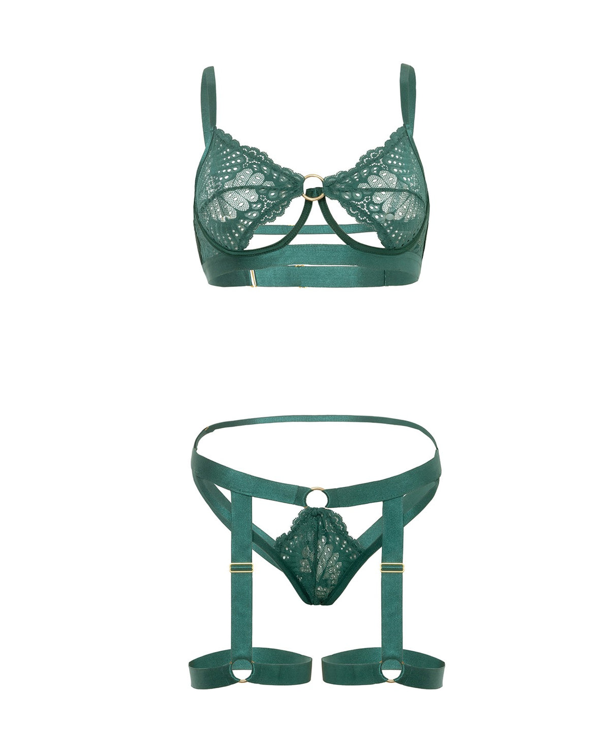 Ensemble de lingerie Darlene non doublé à armatures en dentelle, avec culotte porte-jarretelles, vert, petite taille
