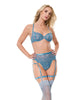 Load image into Gallery viewer, Floral Lace with Gold Hardware Underwire Bra w/Garter &amp; Thong 3 pc Set - Blue MD
