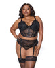 Cargue la imagen en el visor de la galería, Lace Bustier w/Padded Cups &amp; Gartered Thong Panty 2 pc Set - Black 1X/2X
