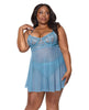 Lataa kuva gallerian katseluohjelmaan, Floral Lace and Mesh Babydoll w/Underwire Cups &amp; High-Waist Thong 2 pc Set - Blue 1X/2X
