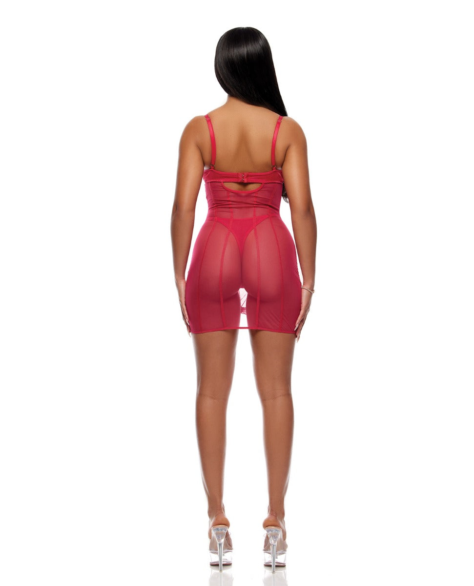 Layers To This Sheer Mesh and Knit Chemise w/Thong 2 pc Set - Pink XL