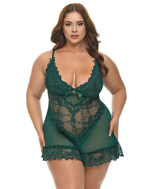 Valentine Lacey Babydoll With G String Green 1X To 2X