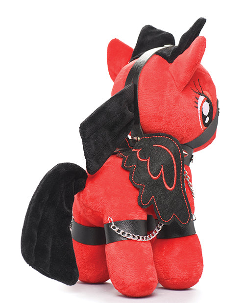 Master Series Bondage Pony Red Plush With Silver Horn Wings Faux Leather Harness