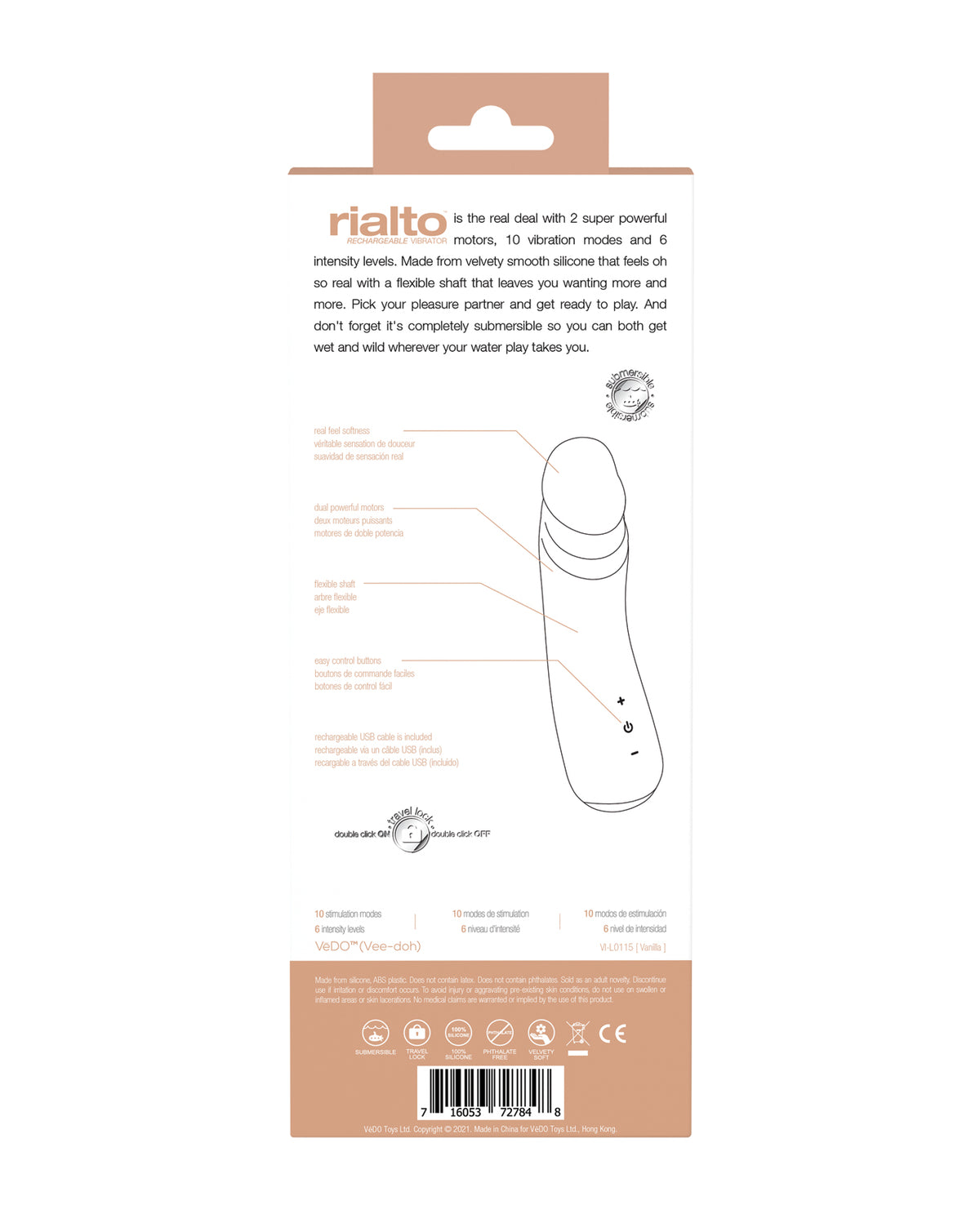 VeDO Rialto Rechargeable Vibrator Vanilla Silicone Dual Motors 10 Modes