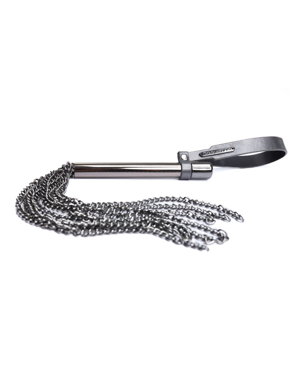 Gunmetal Glam Mini Whip With Metal Chain Strands And Wrist Strap