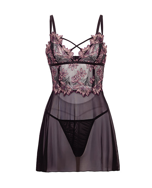 Adela Embroidered Lace and Mesh Babydoll with G String 2 Piece Set Black Pink 1X