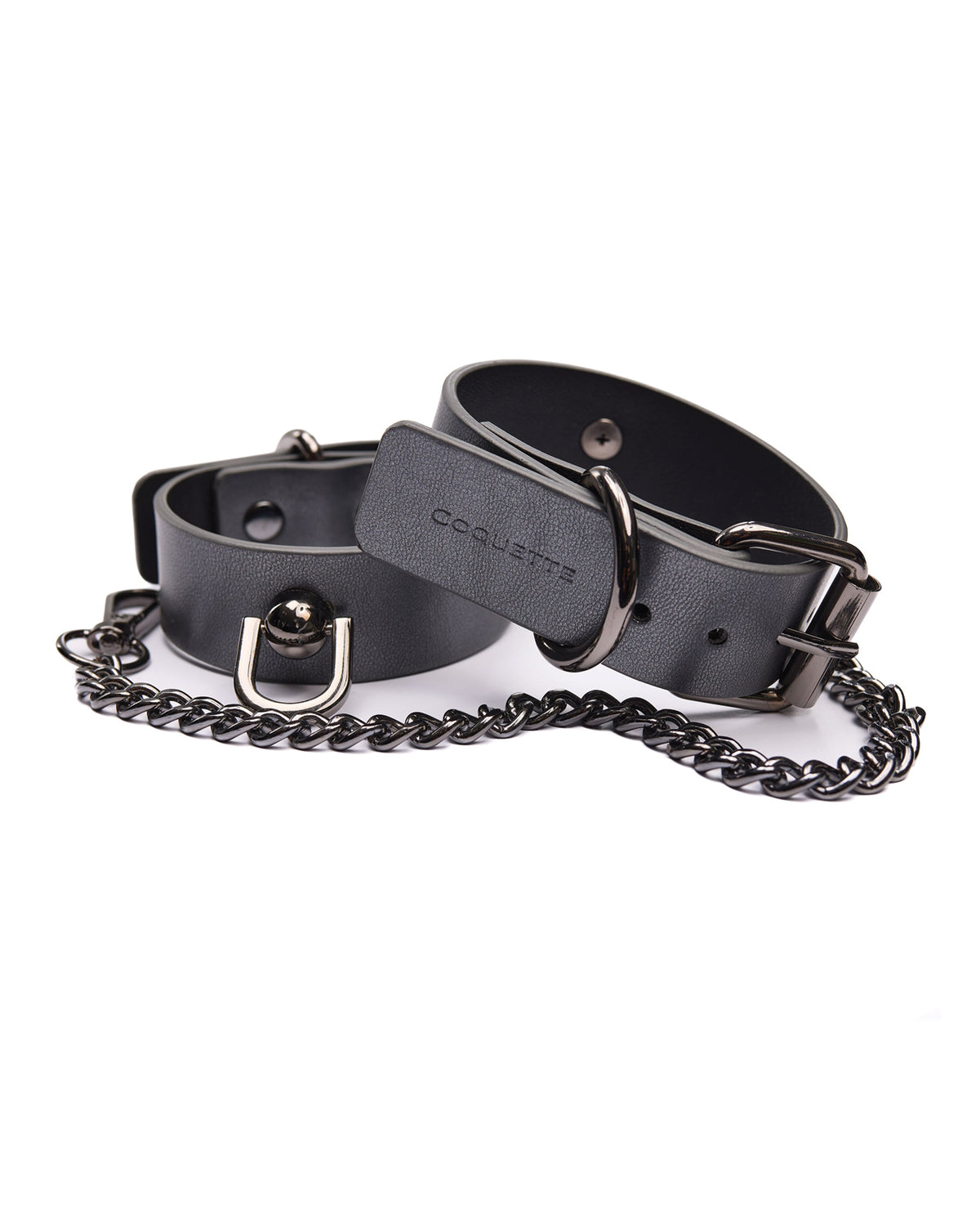 Esposas de mano de metal gris oscuro de la colección Pleasure con cadena extraíble