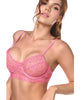 Charger l'image dans la visionneuse de la galerie, Ensemble 3 pièces avec haut à armatures en dentelle transparente, culotte et porte-jarretelles - Rose S/M
