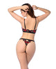 Afbeelding laden in Galerijviewer, Zwarte-rode lingerie-set met doorschijnende mesh top met rozenborduursel en beugels en string
