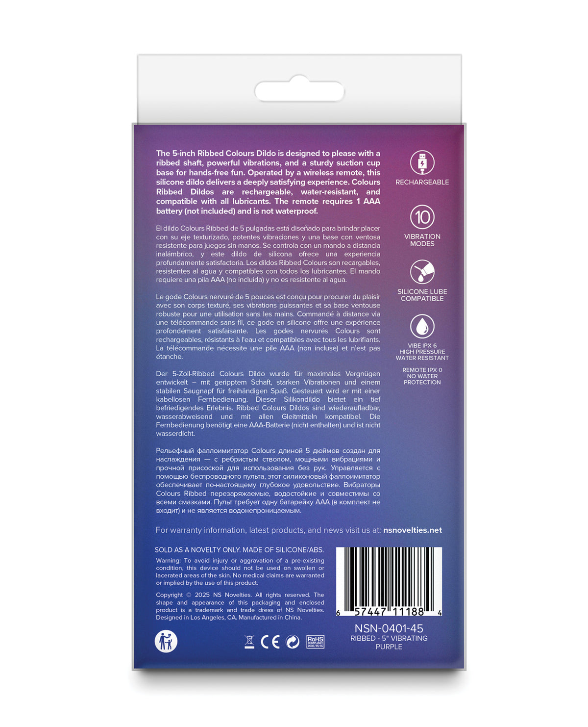 Dildo vibrador recargable Colours con base de ventosa acanalada, morado