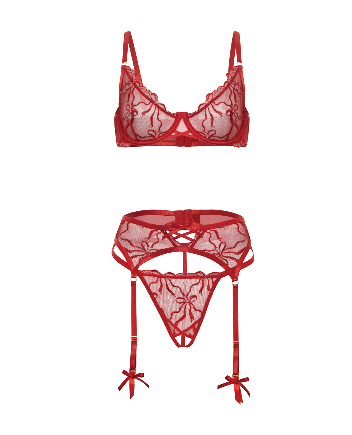 Set Mariah bordo, cu sutien transparent cu armături, fundă brodată, portjartier și chilot tanga