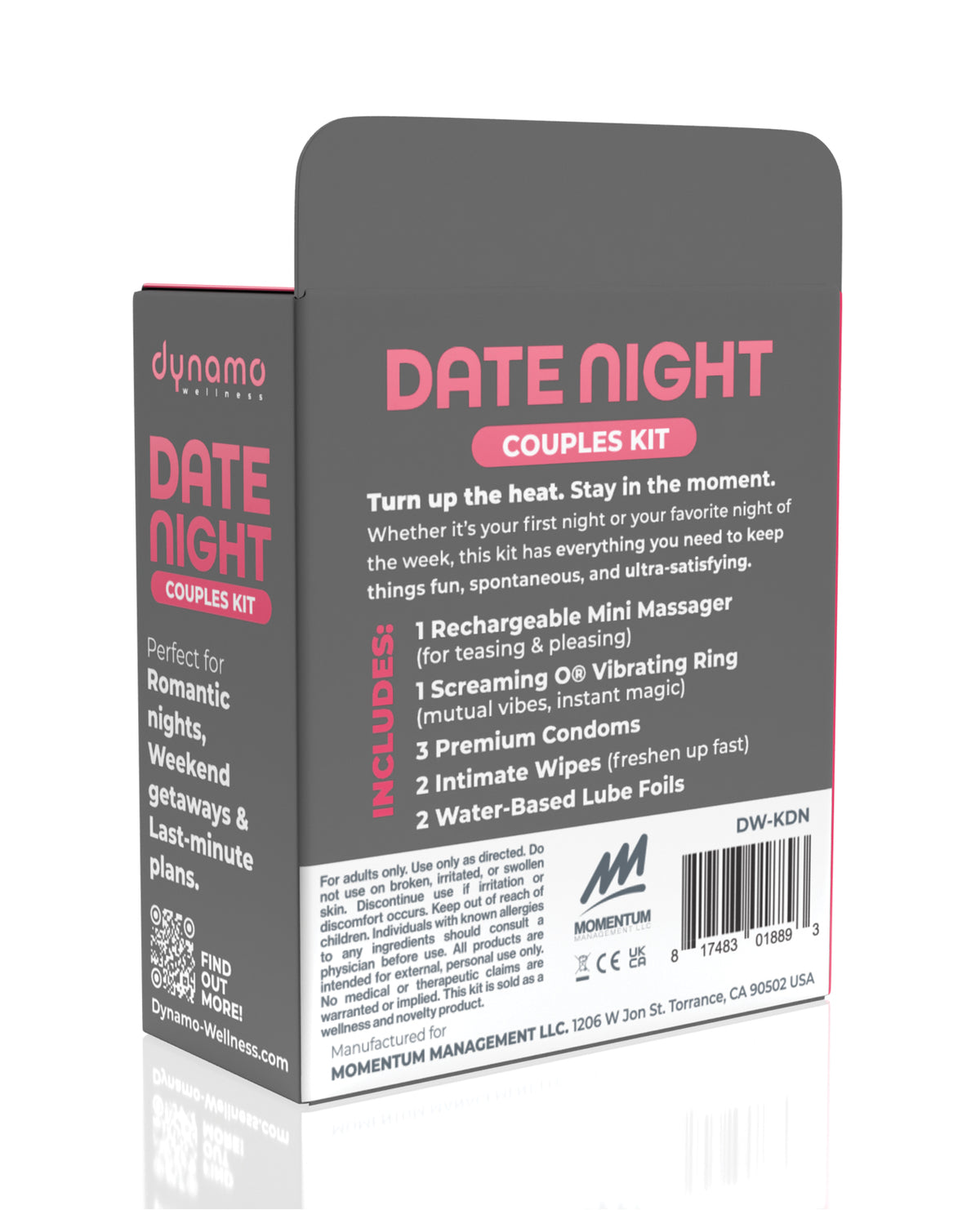 Kit de intimidad para una cita nocturna Dynamo con mini masajeador, anillo vibrador, condones y lubricante
