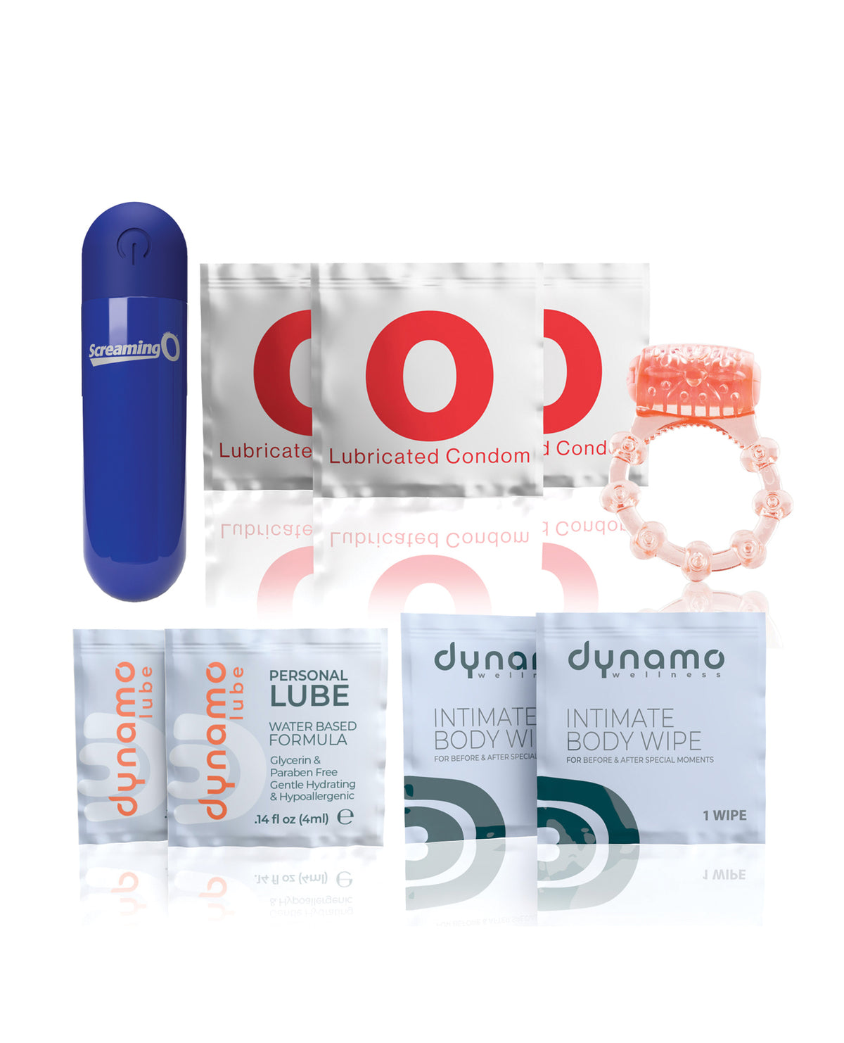 Kit de intimidad para una cita nocturna Dynamo con mini masajeador, anillo vibrador, condones y lubricante
