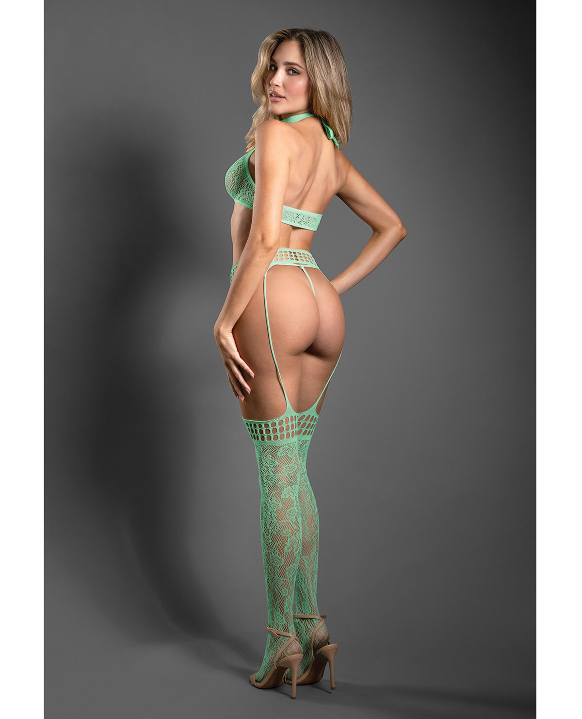 Ensemble 3 pièces : haut dos nu, string et bas autofixants en dentelle transparente, menthe, taille unique