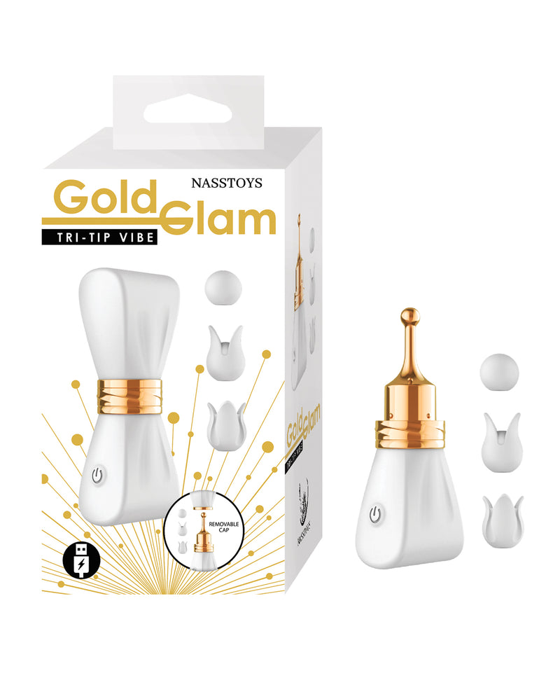 Load image into Gallery viewer, Nasstoys Gold Glam Tri Tip Vibe USB Rechargeable Massager White
