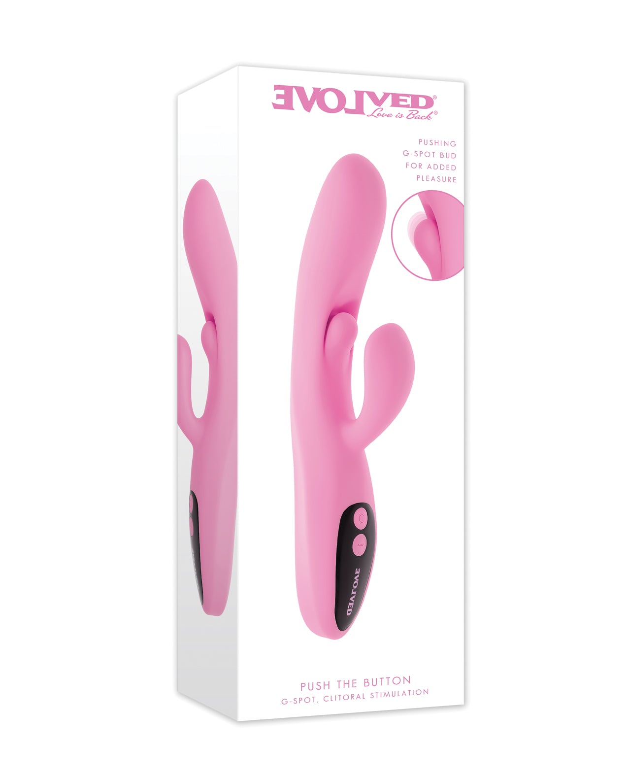 Estimulador de clítoris y punto G con vibración y empuje Evolved Push The Button, rosa