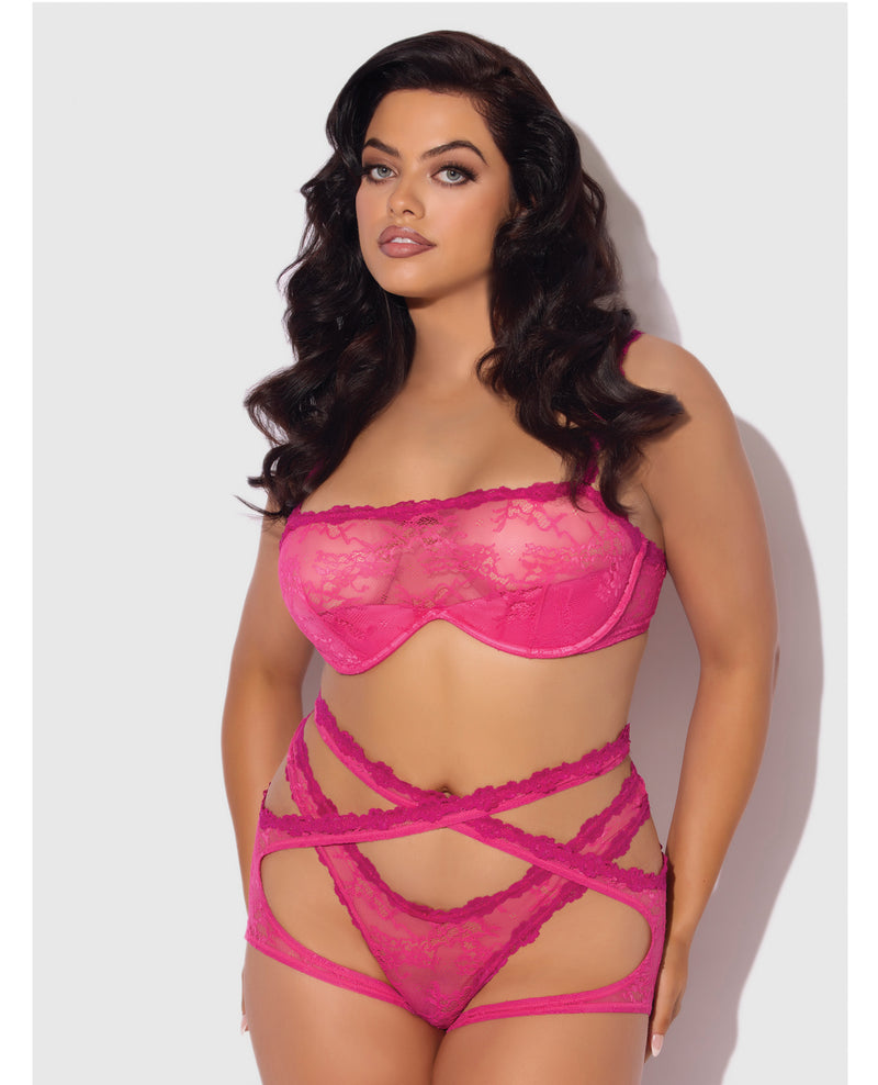 Cargue la imagen en el visor de la galería, Conjunto de tres piezas Yvone de talla grande con sujetador rosa de encaje push-up, liguero y tanga
