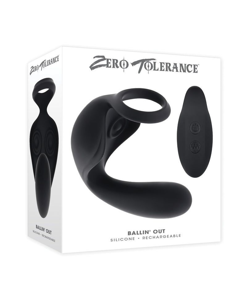 Cargue la imagen en el visor de la galería, Anillo vibrador para el pene y masajeador de próstata Zero Tolerance Ballin Out, negro
