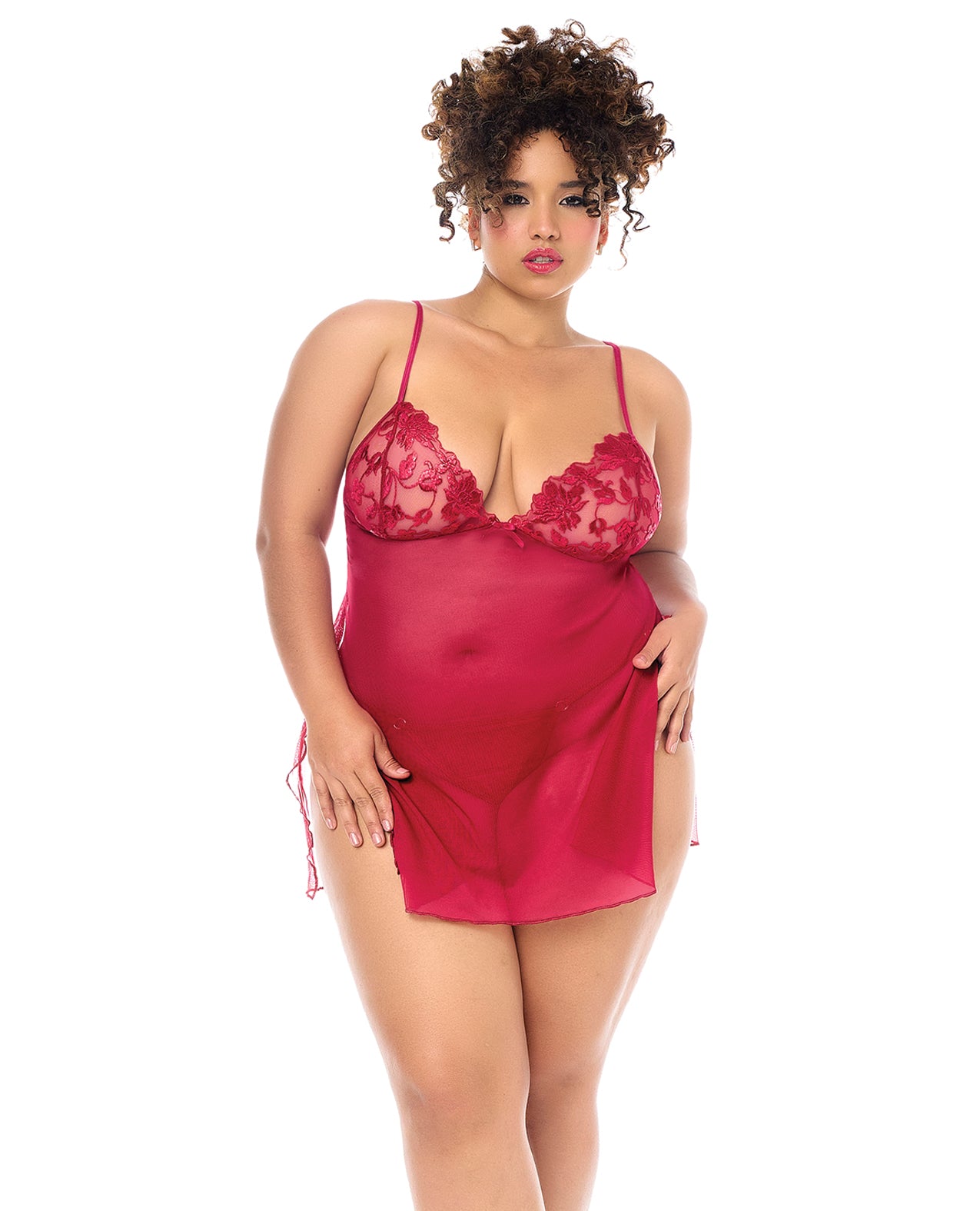 Luxe Plus Size Red Babydoll Featuring Adjustable Straps Sheer Skirt