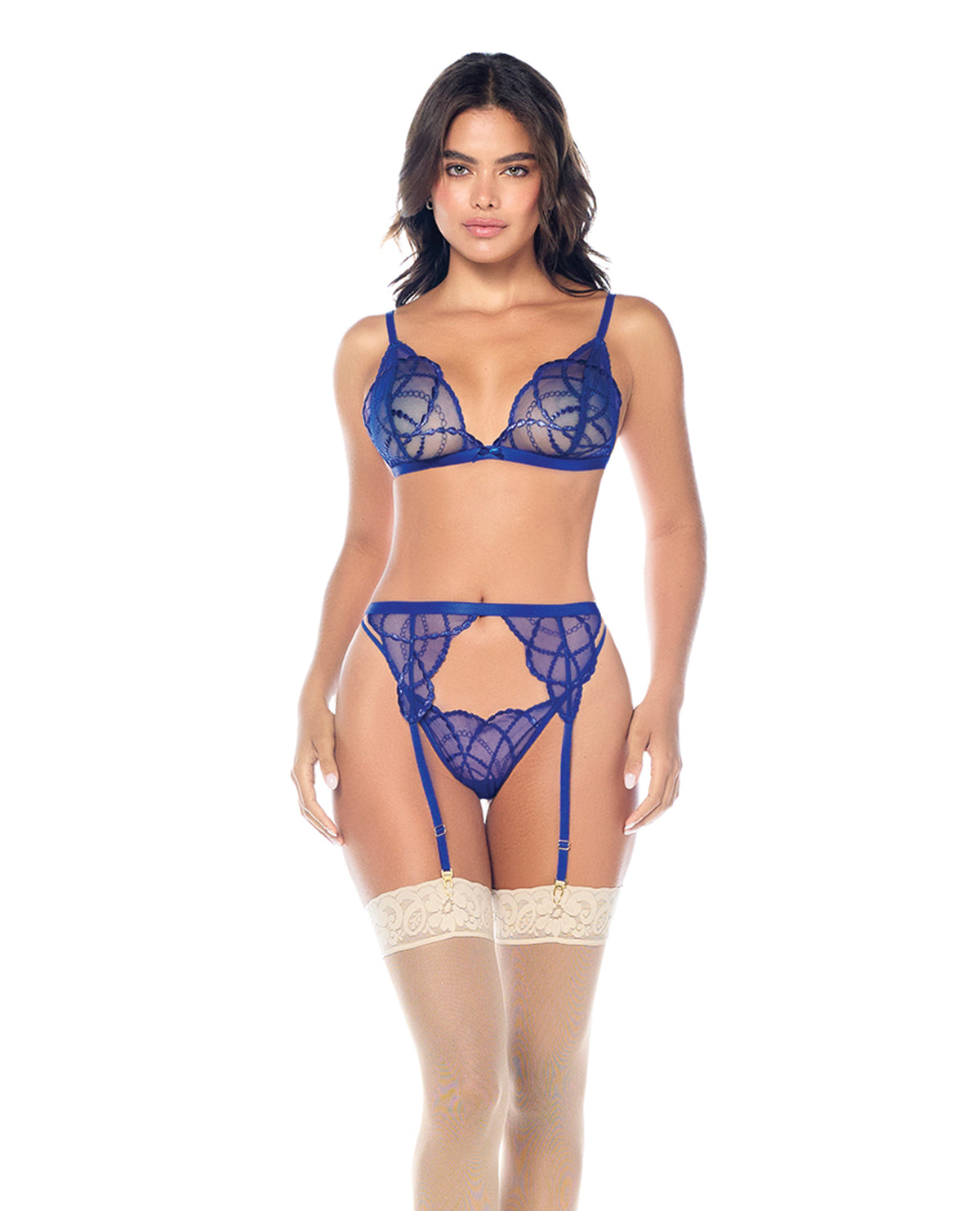 Sapphire Blue Lace Bralette Garter Belt Panty Set Women