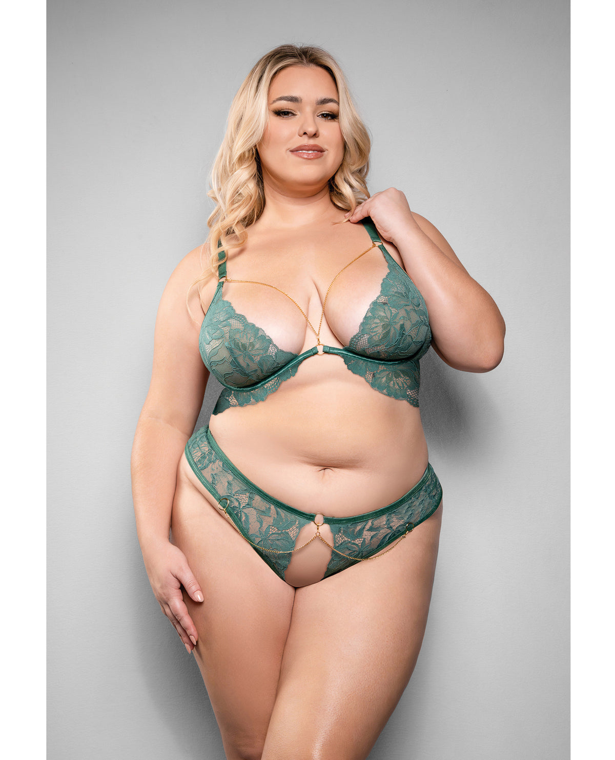 Completo reggiseno e mutandine in pizzo verde Temptress Aerin con catena, 3x 4x