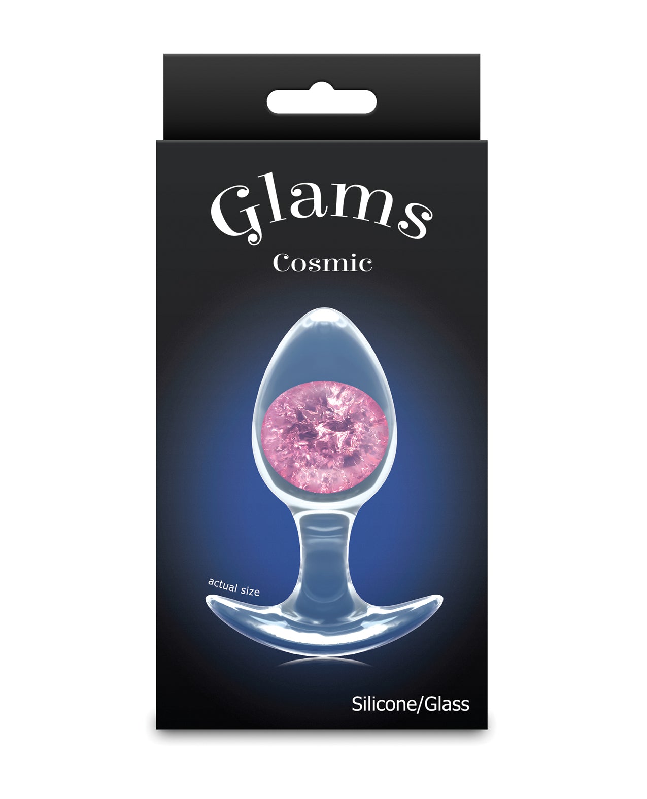 Cosmic Glams middelgrote buttplug van vloeibare siliconen met roze glinsterende glazen knikker