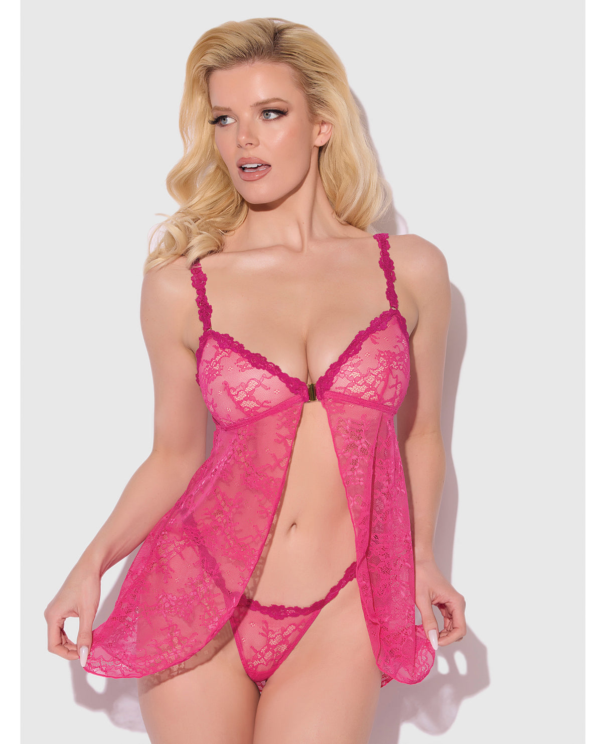 Yvone Pink Lace Babydoll With Openable Cup And G String Two Piece Set