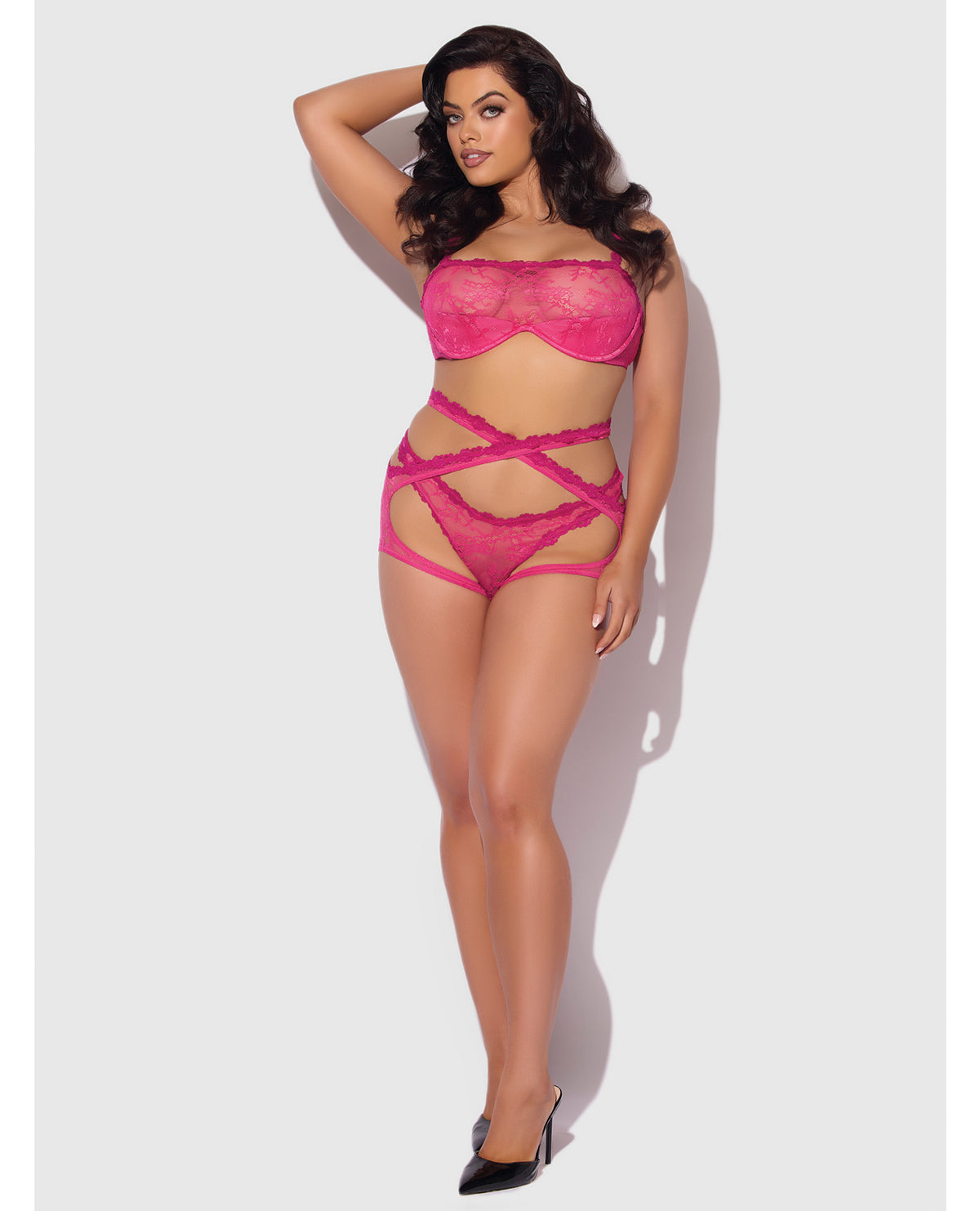 Yvone roze kanten bh Jarreteltanga 3-delige set Plus Size met afneembare push-upbandjes