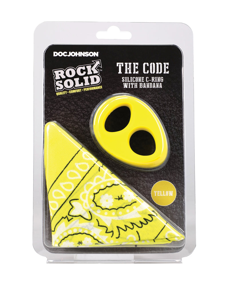 Cargue la imagen en el visor de la galería, Conjunto Rock Solid The Code de anillo para el pene y bandana de silicona amarilla y negra
